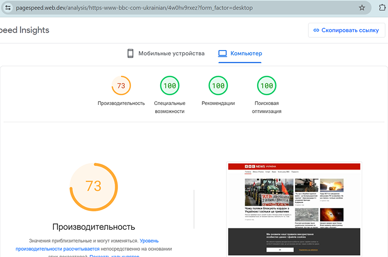 Отчет о скорости загрузки страницы сайта с помощью сервиса Google PageSpeed Insights
