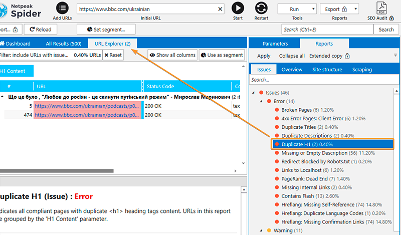 Technical report of site analysis in Netpeak Spider service