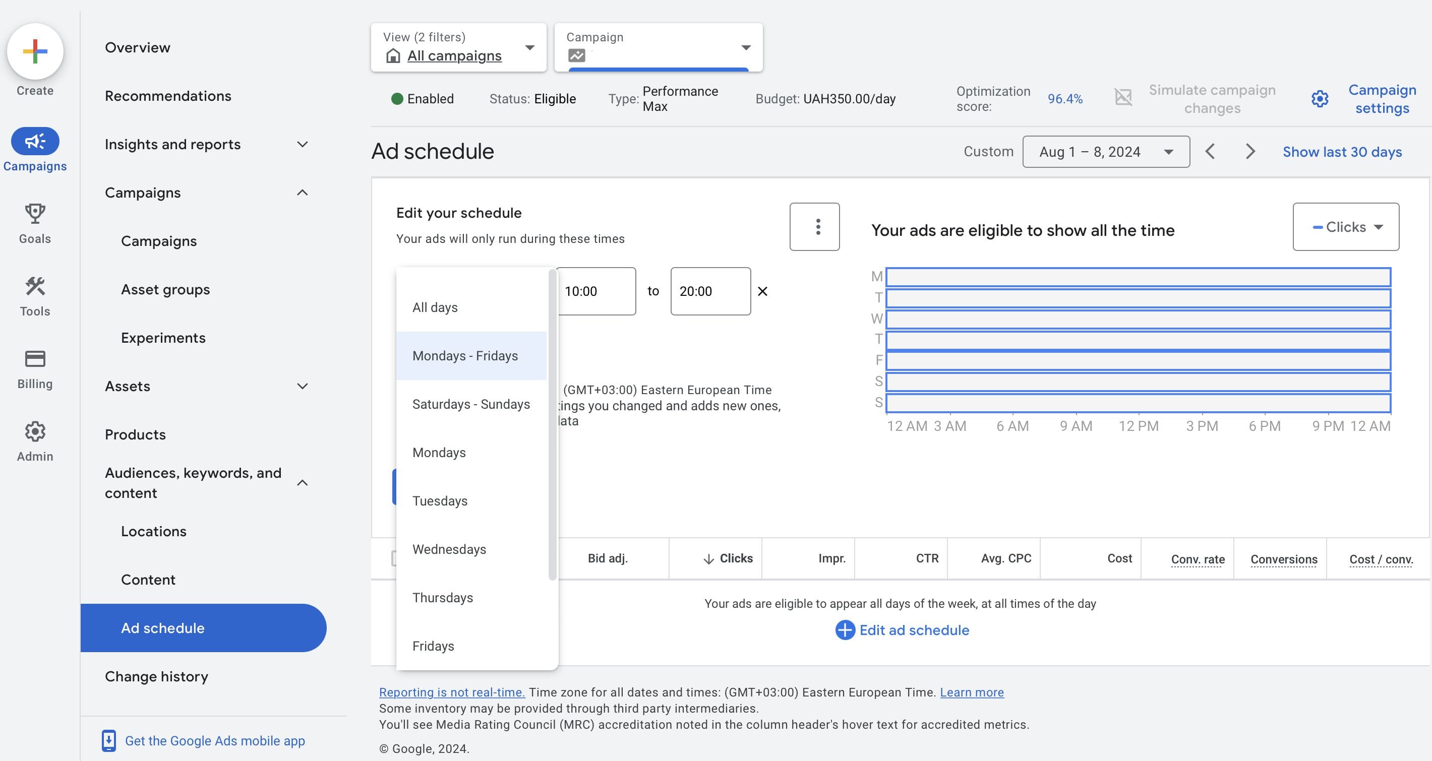 Editing the ad display schedule in Google Ads