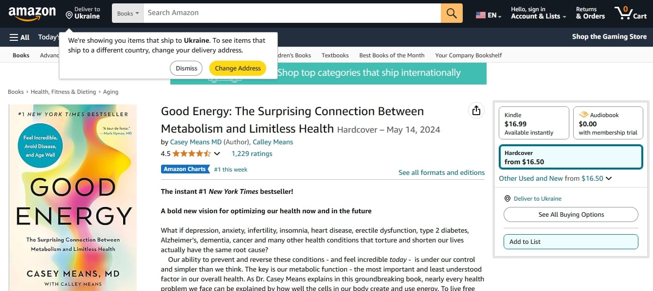 Amazon product page showing the book "Good Energy" by Casey Means MD, available in hardcover from $16.50, with options for Kindle and audiobook versions