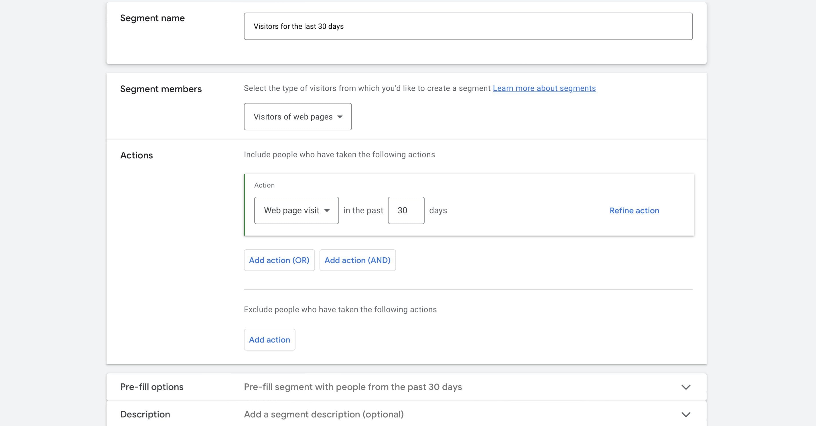 Audience segmentation settings based on website visitors from the last 30 days