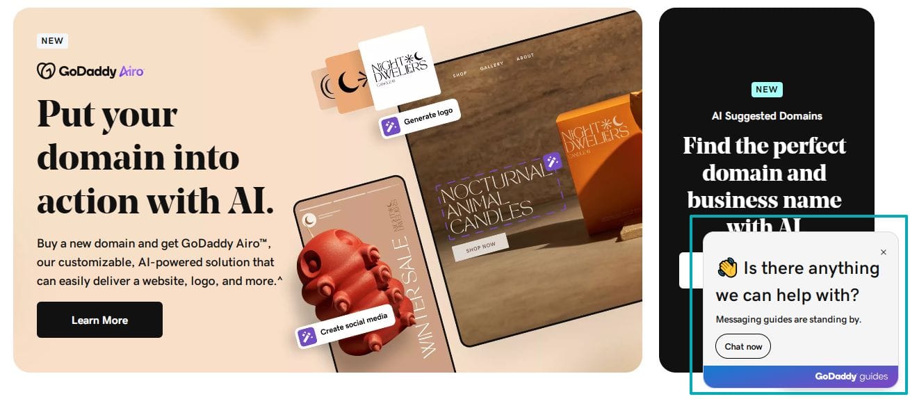 GoDaddy Airo advertisement showcasing AI-powered solutions for creating websites, logos, and social media content, with a live chat assistance option