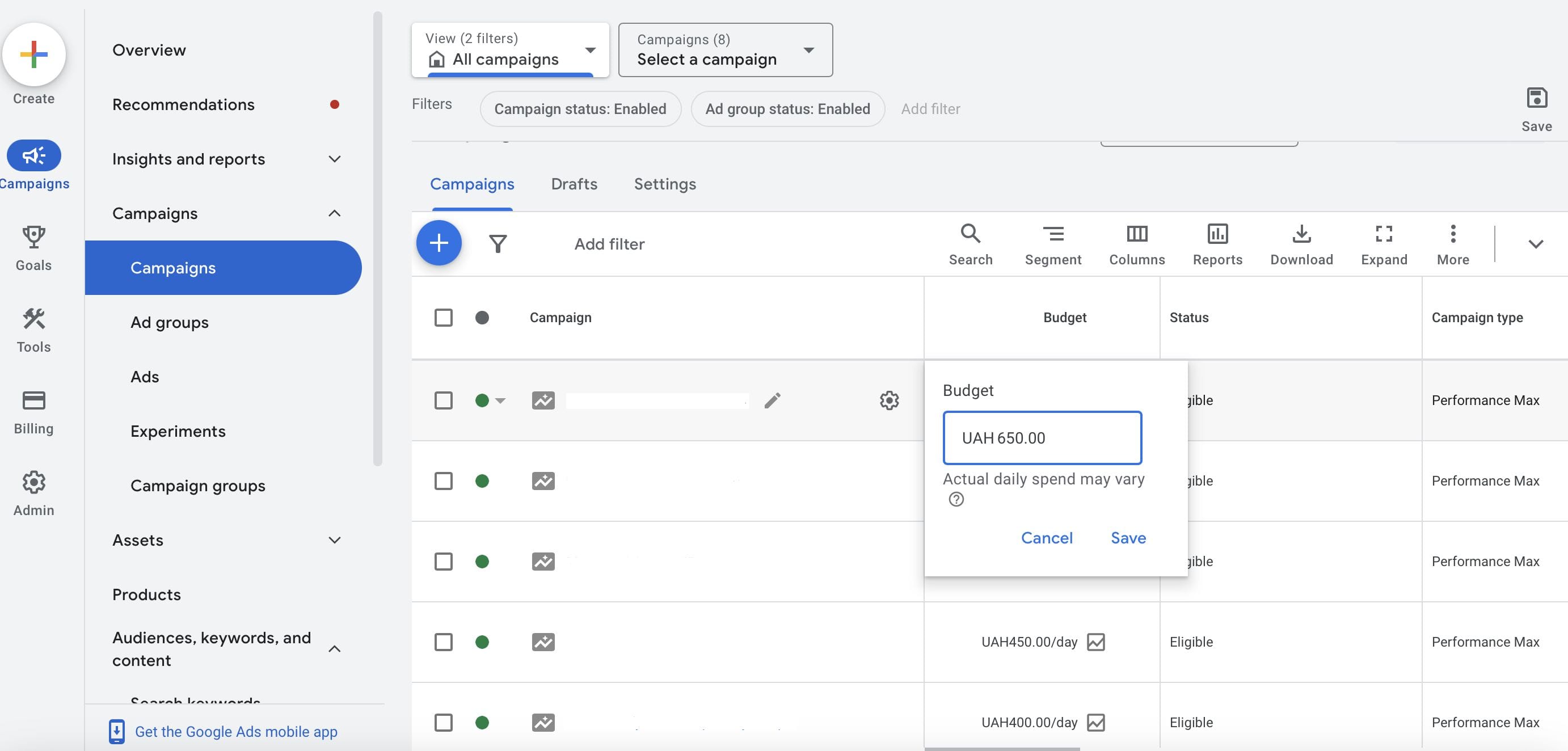 Google Ads interface displaying a user adjusting the budget for a campaign, with options for editing daily spend amounts and campaign statuses.