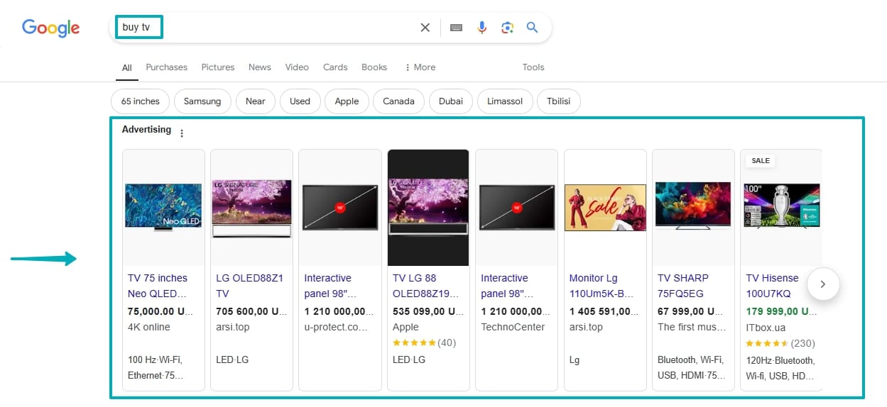 Google search results showing advertisements for various TV models, including 75-inch Neo QLED, LG OLED, and Hisense, with pricing and specifications.