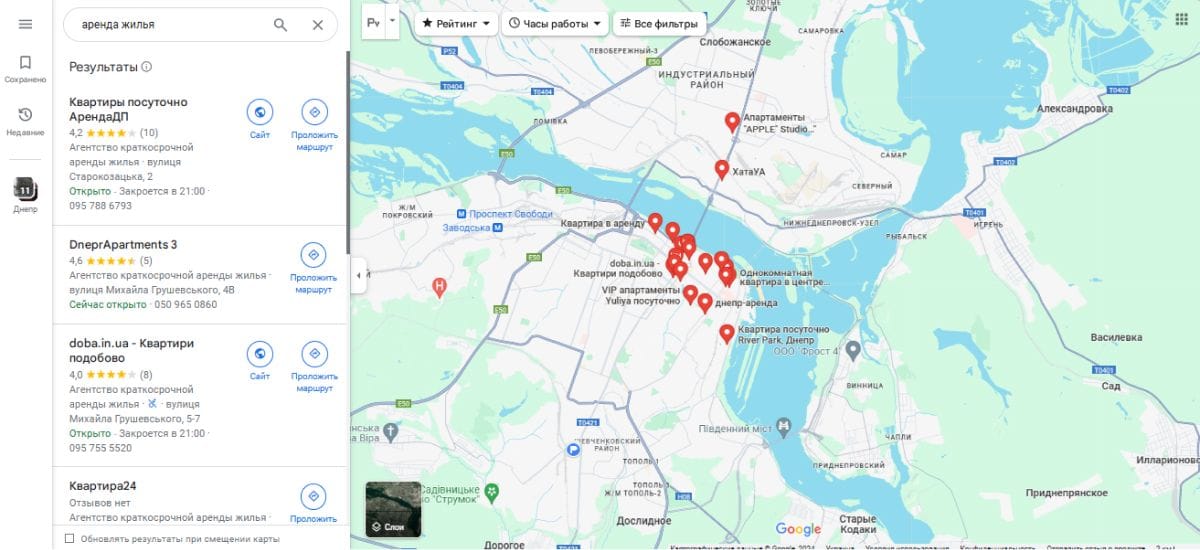 Карта аренды жилья в Днепре с отображением предложений краткосрочной аренды