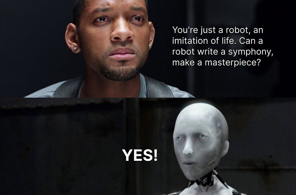 A man asks a robot if it can create a masterpiece, and the robot replies "YES!"