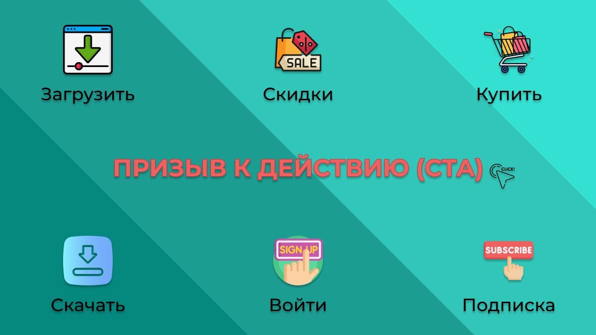Примеры призывов к действию (CTA): загрузить, скидки, купить, скачать, войти, подписаться.