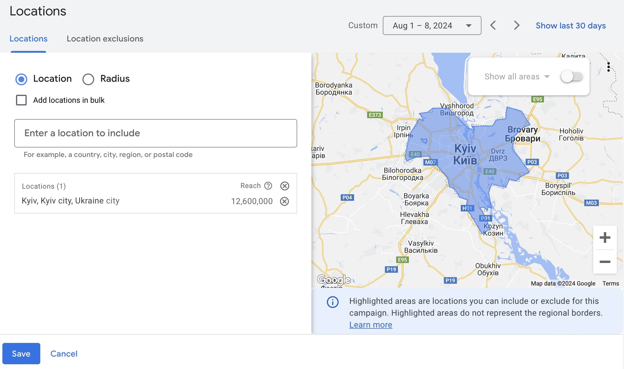 Location settings of an advertising campaign indicating Kyiv and excluded regions