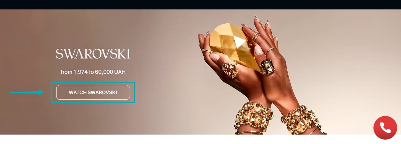 Hands adorned with Swarovski jewelry holding a golden crystal, with a button to "Watch Swarovski" and price range from 1,974 to 60,000 UAH