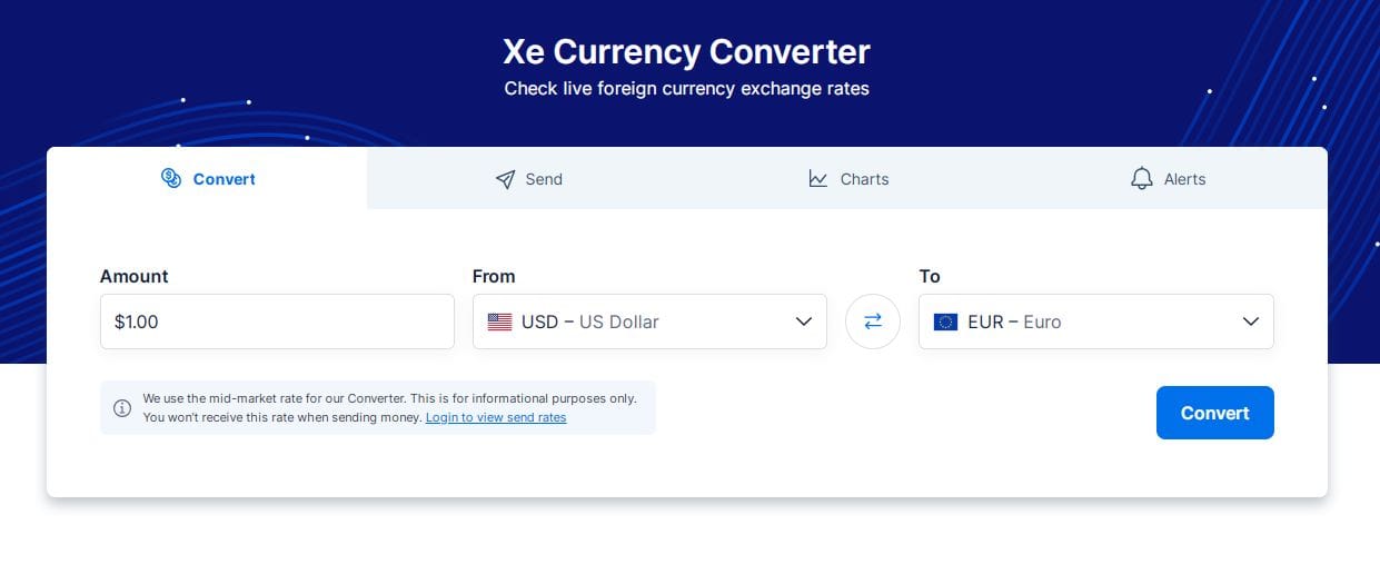 Xe Currency Converter interface showing a conversion from USD to EUR with options for amount, sending, charts, and alerts