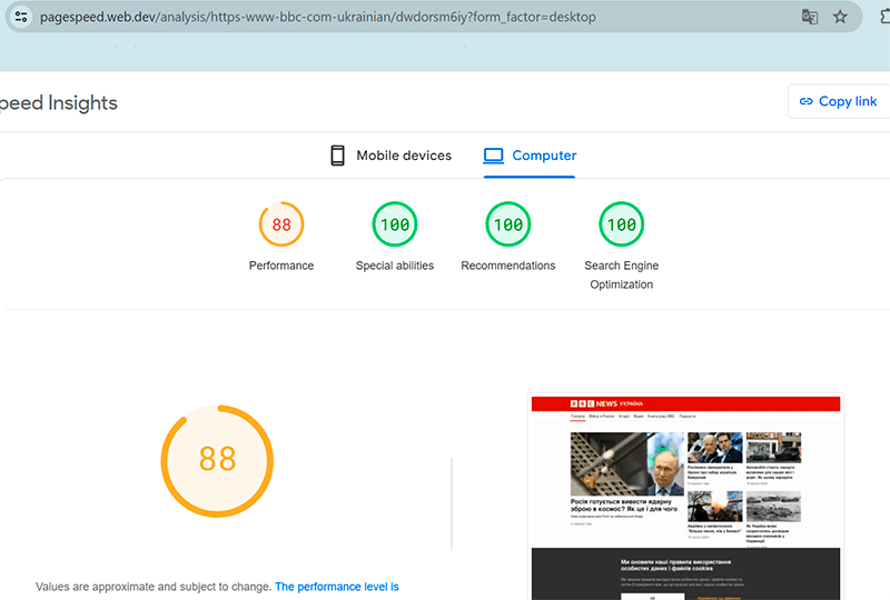 Report on website page load speed using Google PageSpeed Insights service