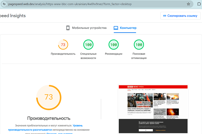 Отчет о скорости загрузки страницы сайта с помощью сервиса Google PageSpeed Insights