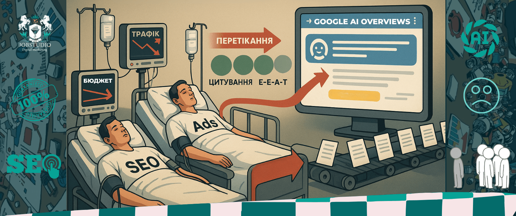 Плакат з питанням «SEO померло?» і відповіддю «Ні — змінилась стратегія та інструменти»