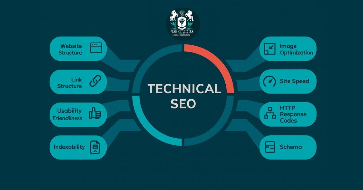 Technical SEO and its components. Infographic