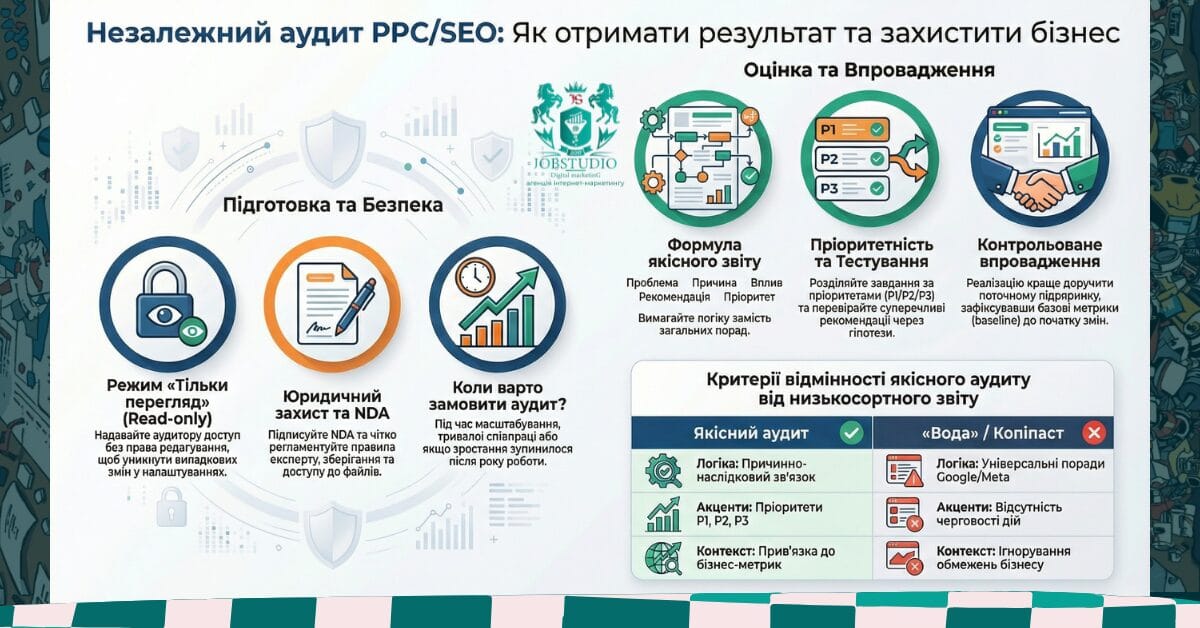 Інфографіка: аудит як інструмент росту — контроль правил, конфіденційність, пріоритети P1/P2/P3 і план дій