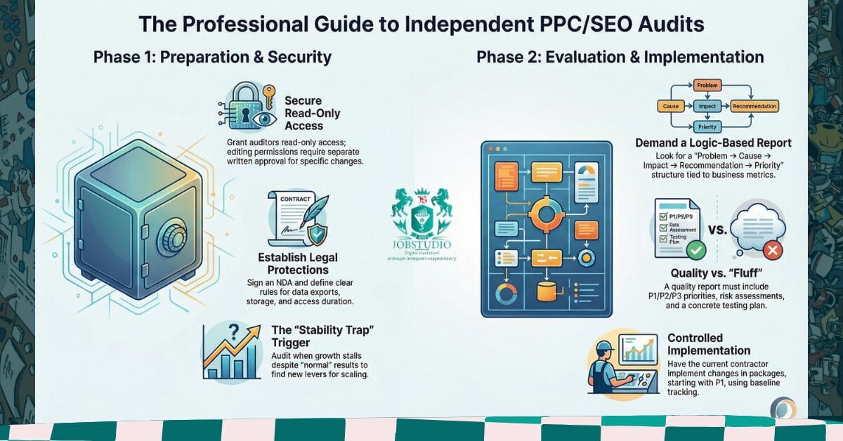 Infographic: Auditing as a tool for growth — compliance, confidentiality, P1/P2/P3 priorities, and action plan