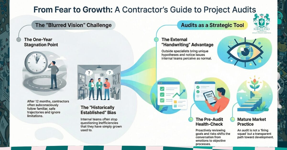Infographic on audit psychology: why "the eye blurs" and what an external specialist in PPC/SEO can offer