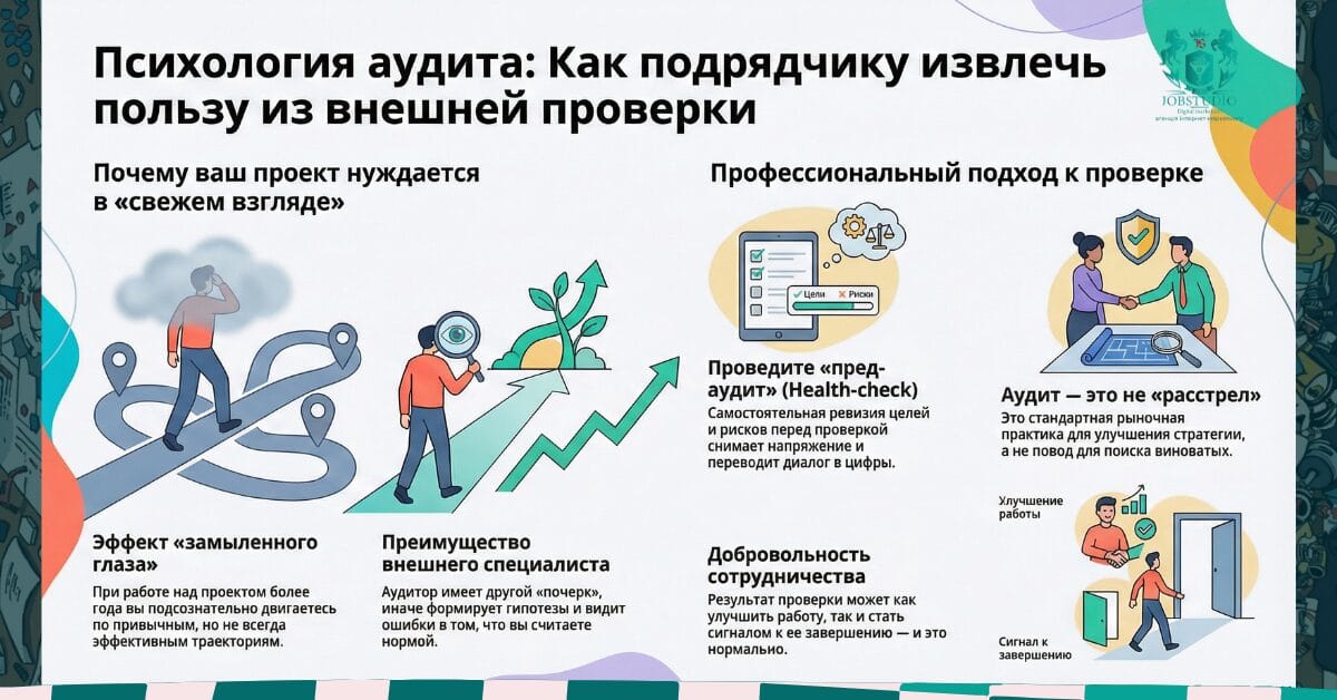 Инфографика о психологии аудита: почему «глаз замыливается» и что дает внешний специалист в PPC/SEO