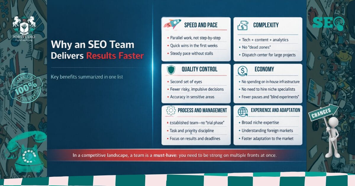 The team handles SEO and Google Ads advertising: budget optimization, conversion tracking, and sales growth.