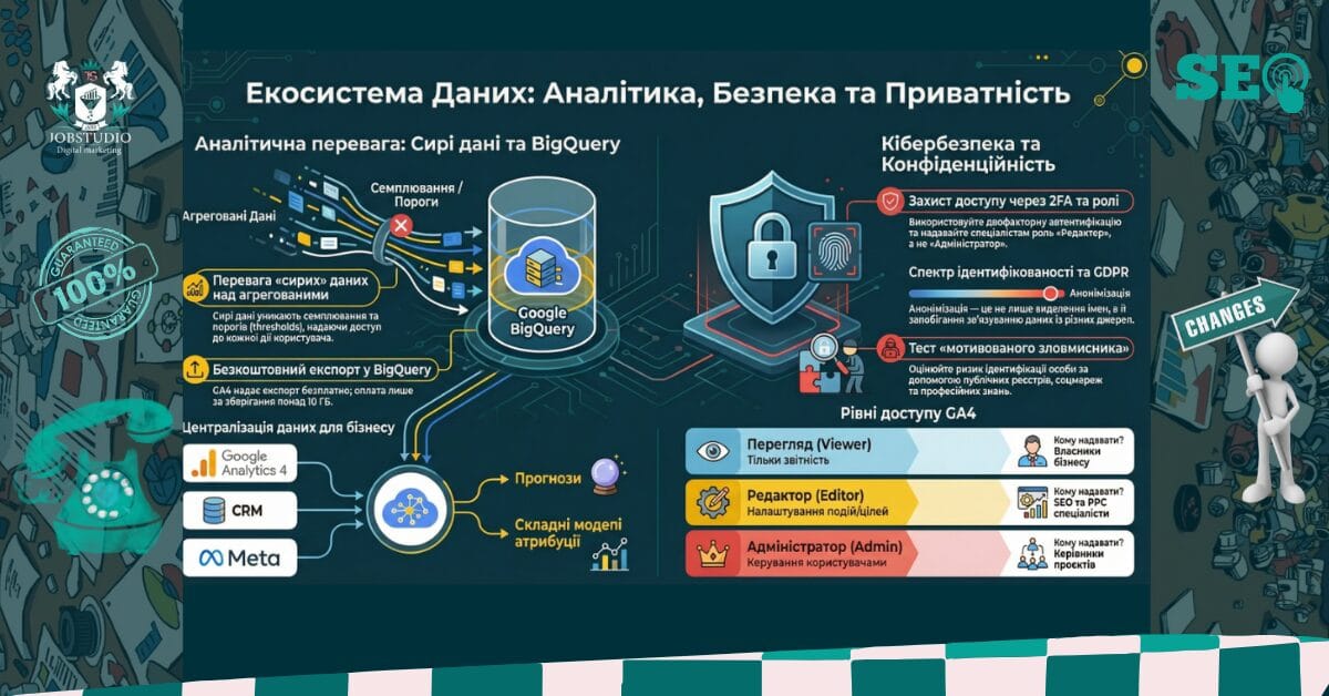 Інфографіка: безпечний аудит Ads/GA4/GSC — контроль доступів, експортів даних і термінів зберігання файлів