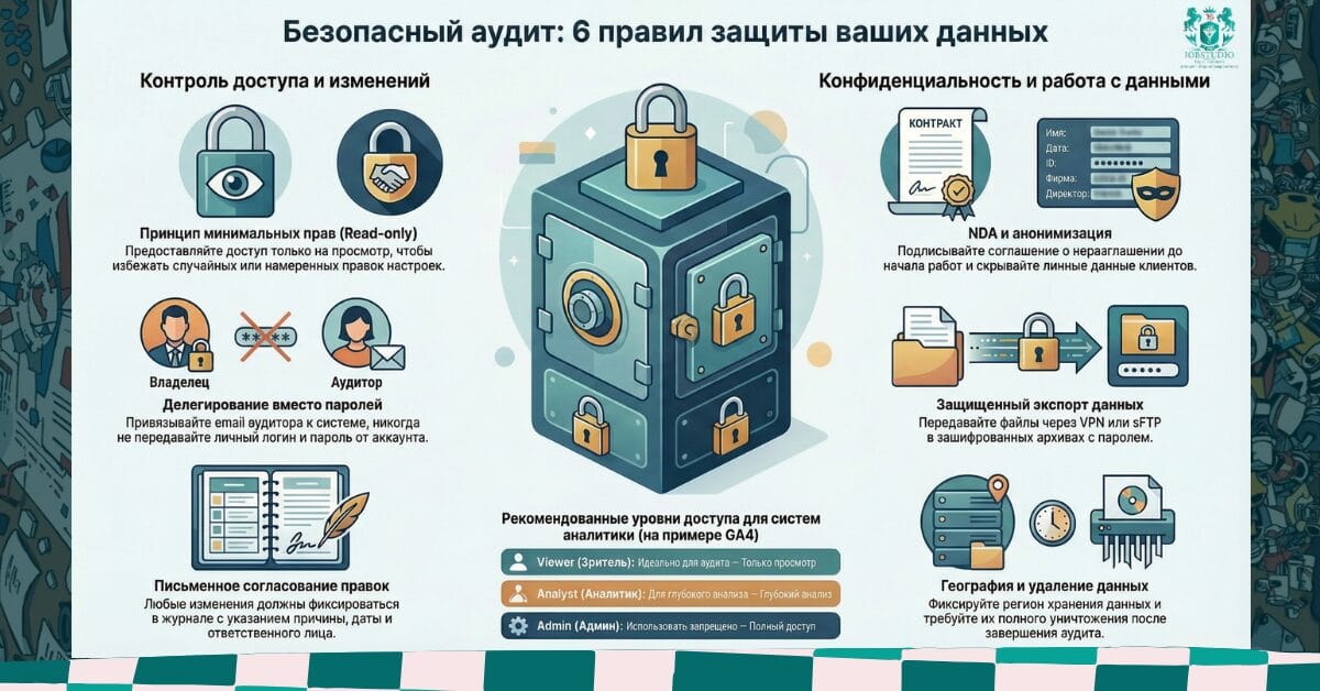 Инфографика: безопасный аудит Ads/GA4/GSC — контроль доступа, экспорта данных и сроков хранения файлов