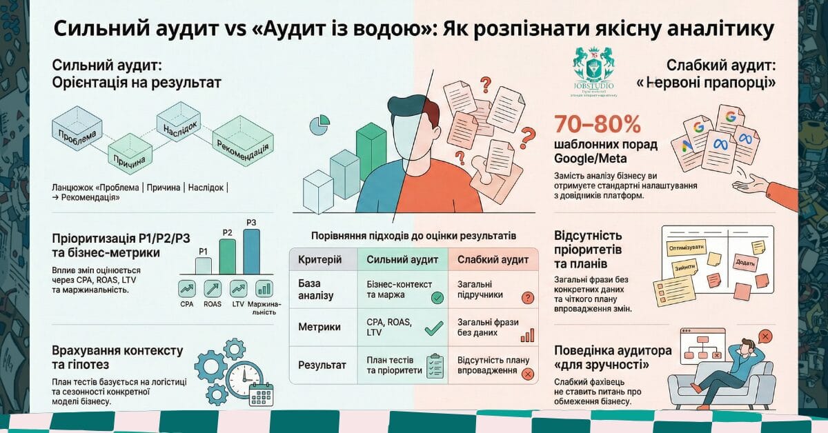 Інфографіка: сильний аудит — проблема→причина→наслідок→рекомендація, P1–P3, план тестів і CPA/ROAS/LTV