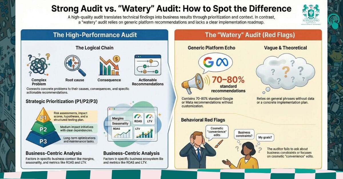 Infographic: strong audit — problem→cause→consequence→recommendation, P1–P3, test plan, and CPA/ROAS/LTV