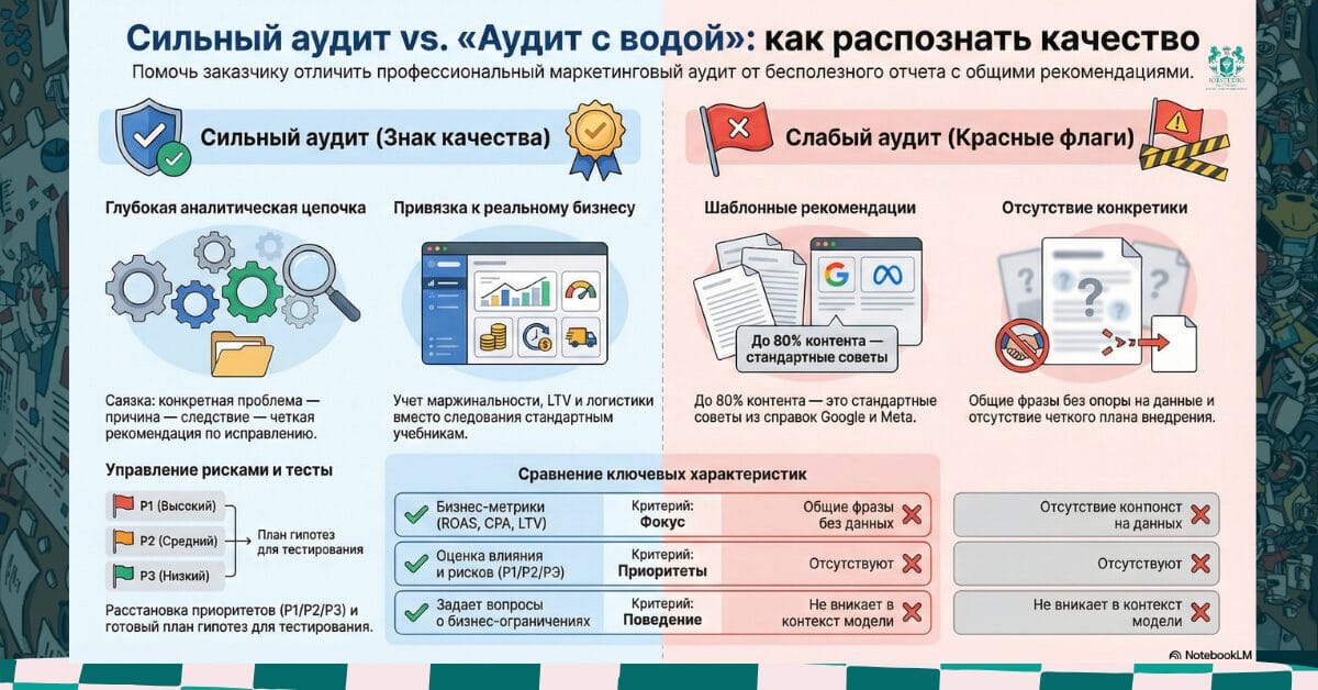 Инфографика: сильный аудит — проблема→причина→следствие→рекомендация, P1–P3, план тестов и CPA/ROAS/LTV