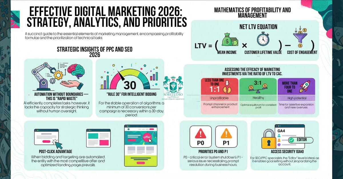 Infographic: weak PPC/SEO audit — general advice from Google/Meta, without data, priorities, or an implementation plan