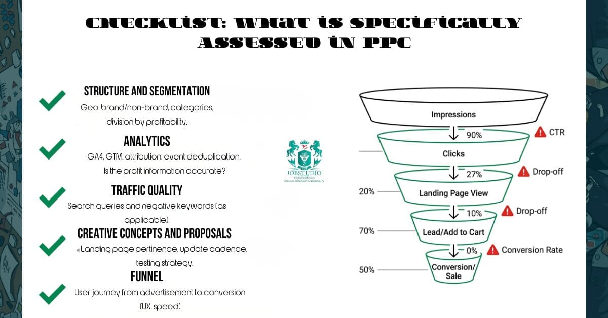 Infographic: PPC checklist — account structure, GA4/GTM conversions, queries, negative keywords, creatives, targeting