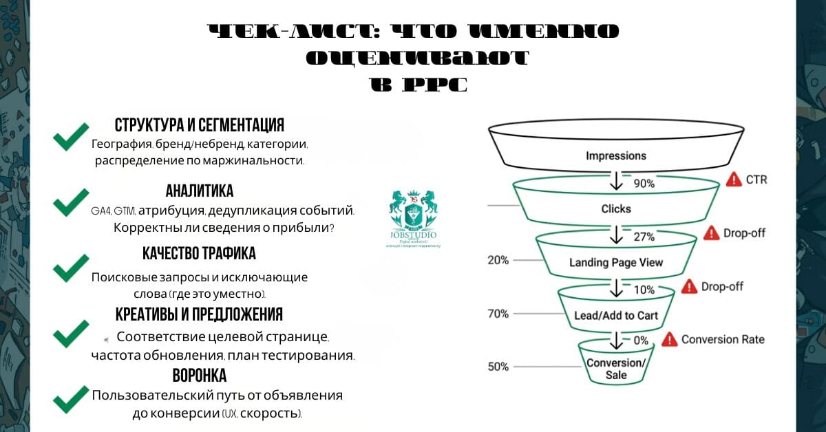 Инфографика: Чек-лист, который проверяют в PPC — структура аккаунта, конверсии GA4/GTM, запросы, минус-слова, креативы, таргетинг