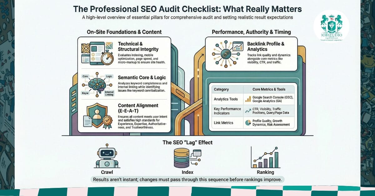 SEO audit infographic: indexing, duplicates, canonicals, redirects, speed, mobile, multilingualism, and microdata