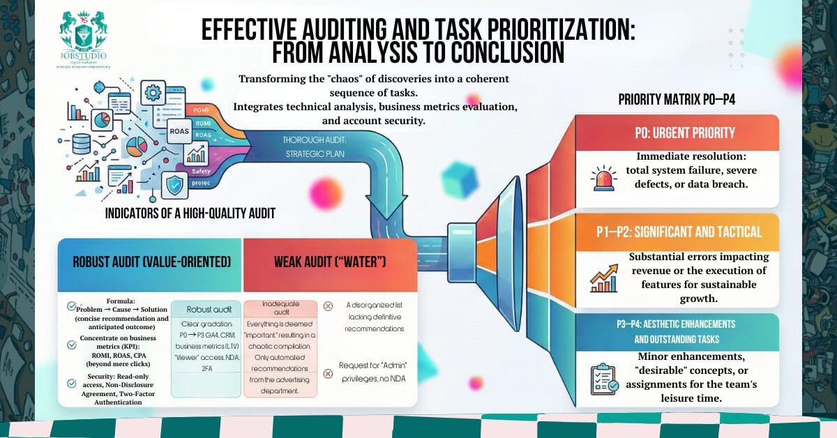 Infographic: PPC/SEO audit process — goals, read-only access and NDAs, scope, priority report, review meeting