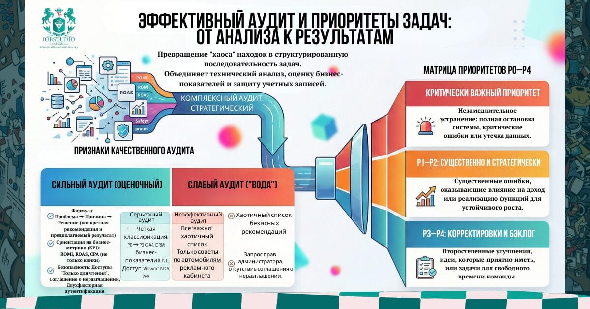 Инфографика: процесс аудита PPC/SEO — цели, read-only доступы и NDA, scope, отчет с приоритетами, встреча-разбор