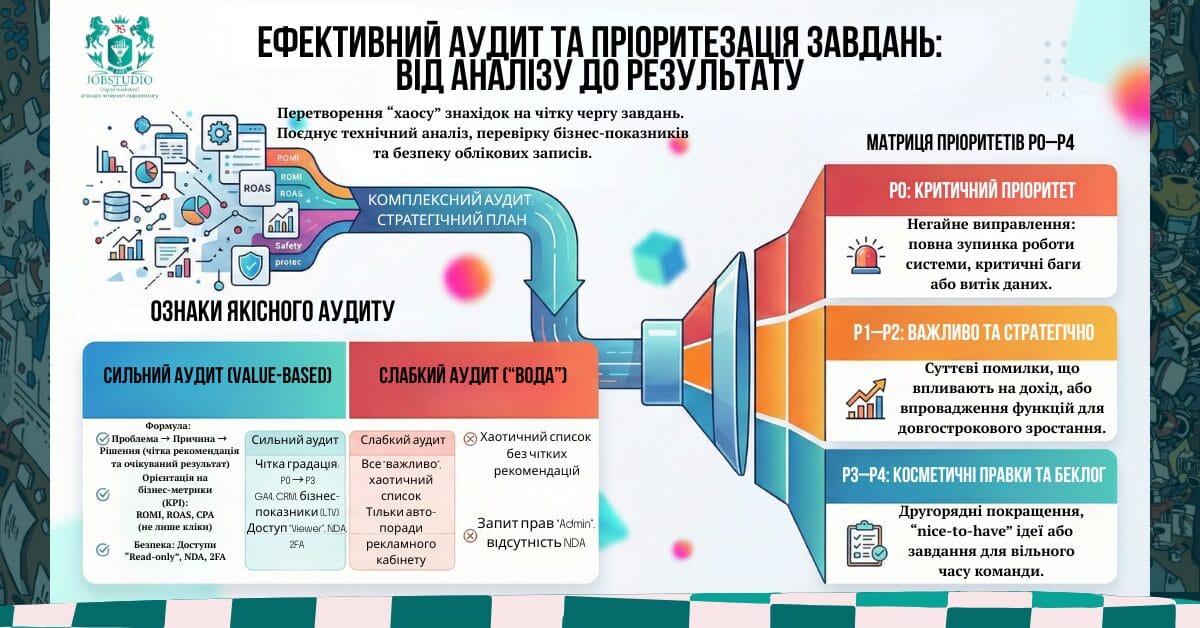 Інфографіка: процес аудиту PPC/SEO — цілі, read-only доступи та NDA, scope, звіт з пріоритетами, зустріч-розбір