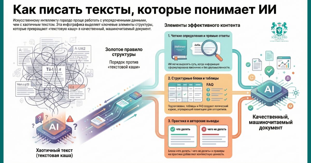 Какой контент искусственный интеллект цитирует легче и как его подготовить. Инфографика.
