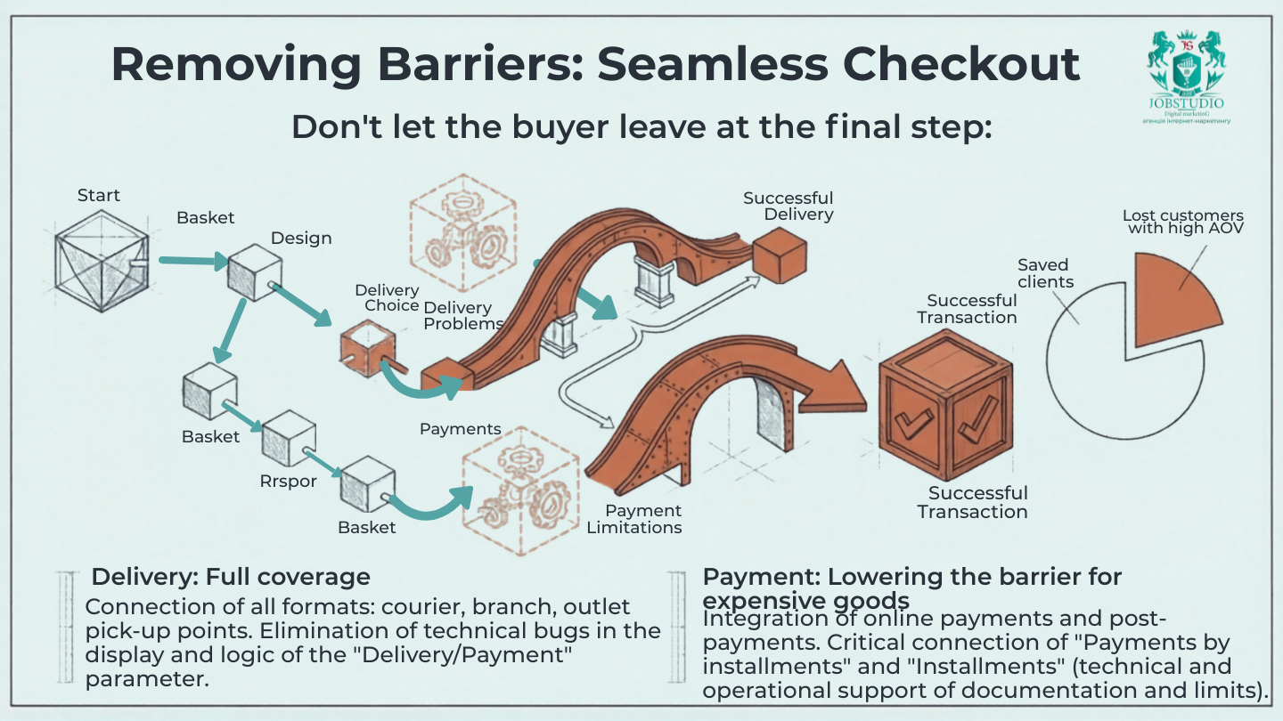 Removing barriers. Seamless checkout. Infographic