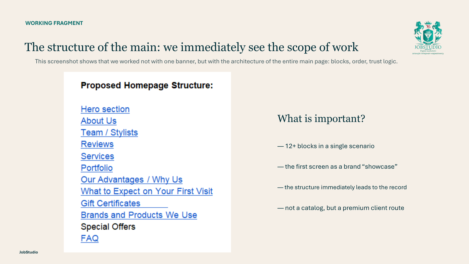 The structure of the main page: we can immediately see the scope of the work