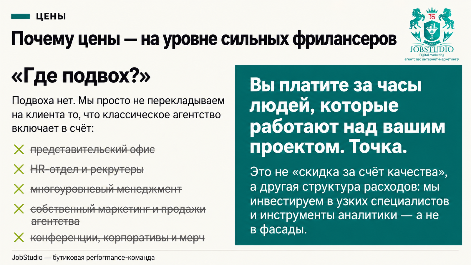 Почему наши цены — на уровне сильных фрилансеров (и в чём подвох)