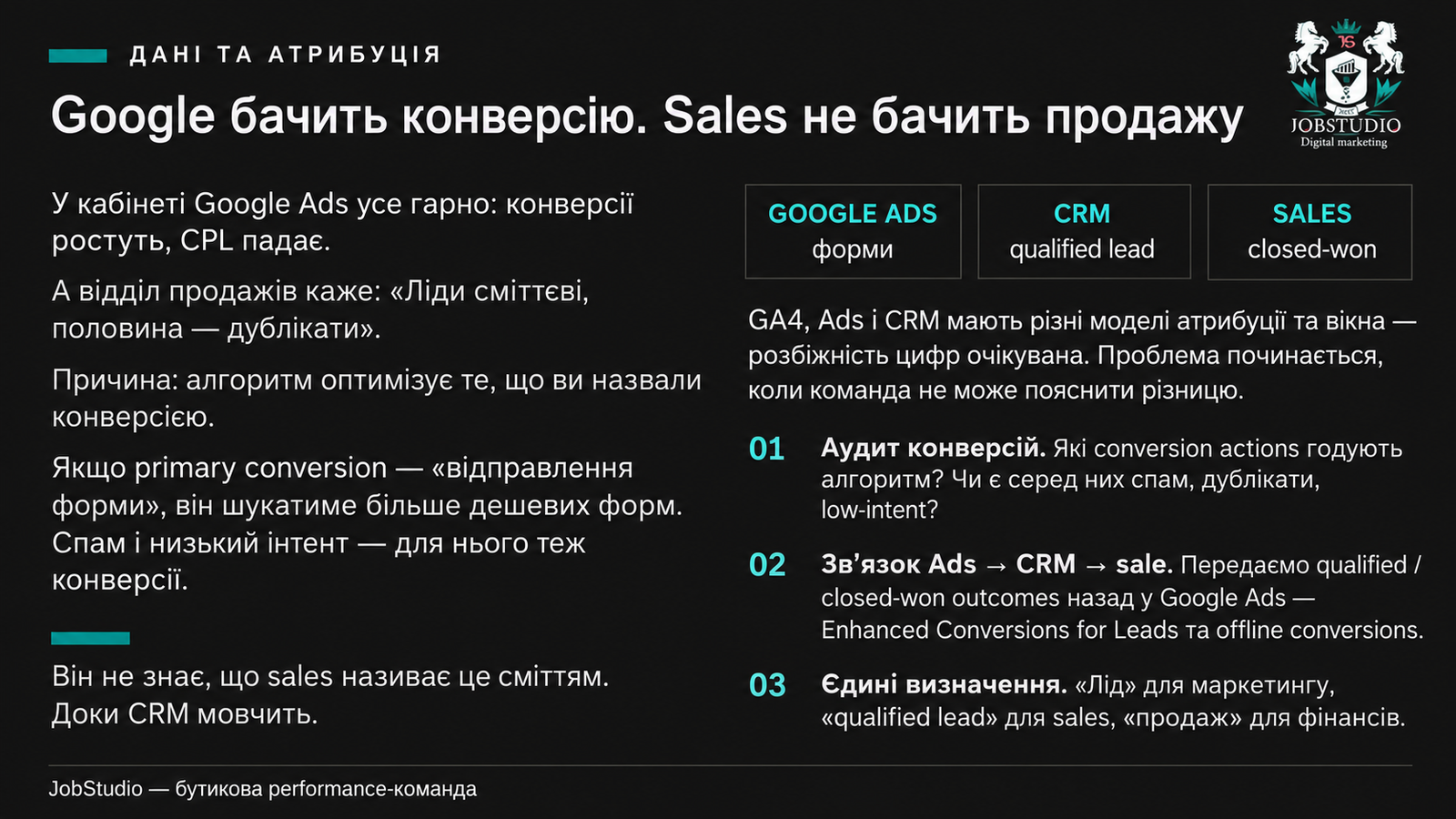 Google бачить конверсію. Sales не бачить продажу.